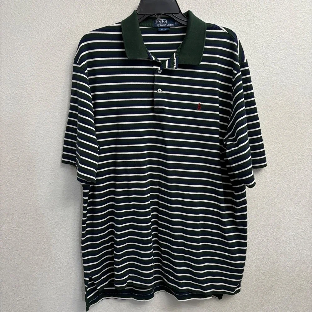 Polo Ralph Lauren Mens XL Green Striped Polo Shirt Pima Cotton Golf Fit Office
